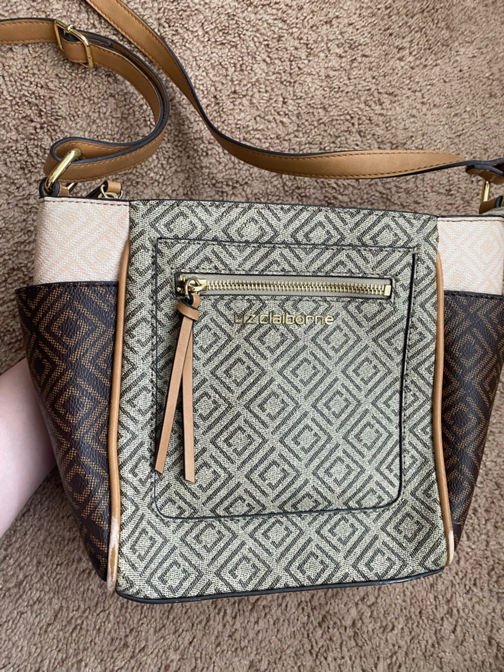 Liz Claiborne Tan, Brown & Cream Patterned Crossbody Bag